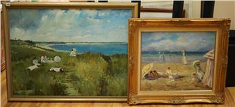 Two framed oil paintings depicting coastal leisure scenes with figures on grassy dunes and sandy beaches.