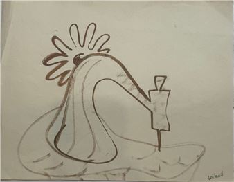 A whimsical sketch of a rooster holding a candle.