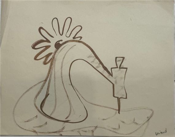 A whimsical sketch of a rooster holding a candle.