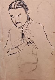 A sketch of a man with a mustache holding a hat.