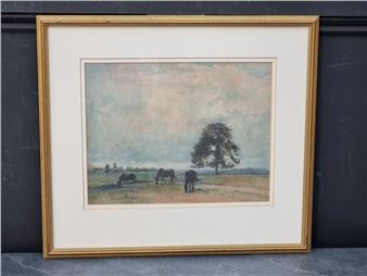 A framed pastoral watercolor depicting grazing horses under a soft, cloudy sky.