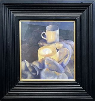 A still life painting featuring a white cup and a lit candle on a draped cloth.