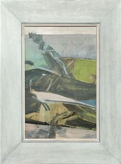 An abstract landscape painting featuring layered, angular forms in earthy tones against a pale background.