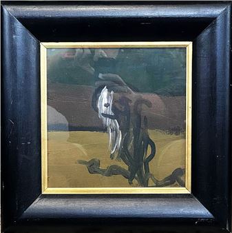 A framed abstract painting featuring a central figure with white hair against a layered background of earthy tones.