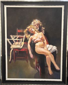 A classical oil painting of a reclining nude figure resting against a seated man, framed in black.