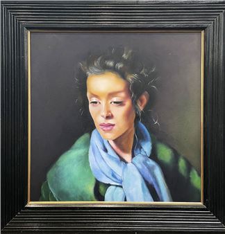 A portrait of a woman with a blue scarf and green coat, framed in black.