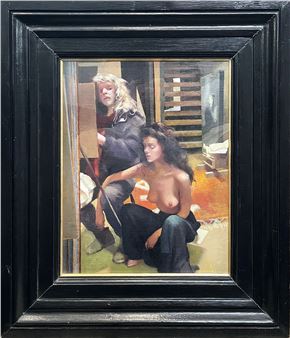 A framed painting depicting a nude woman and a man in a dimly lit interior.