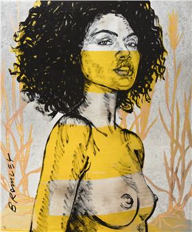 A stylized portrait of a figure with bold yellow and black coloring against an abstract background.