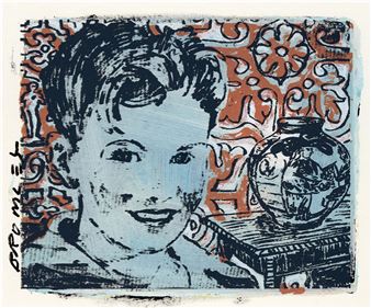 A graphic portrait of a smiling child with a decorative vase in the background.