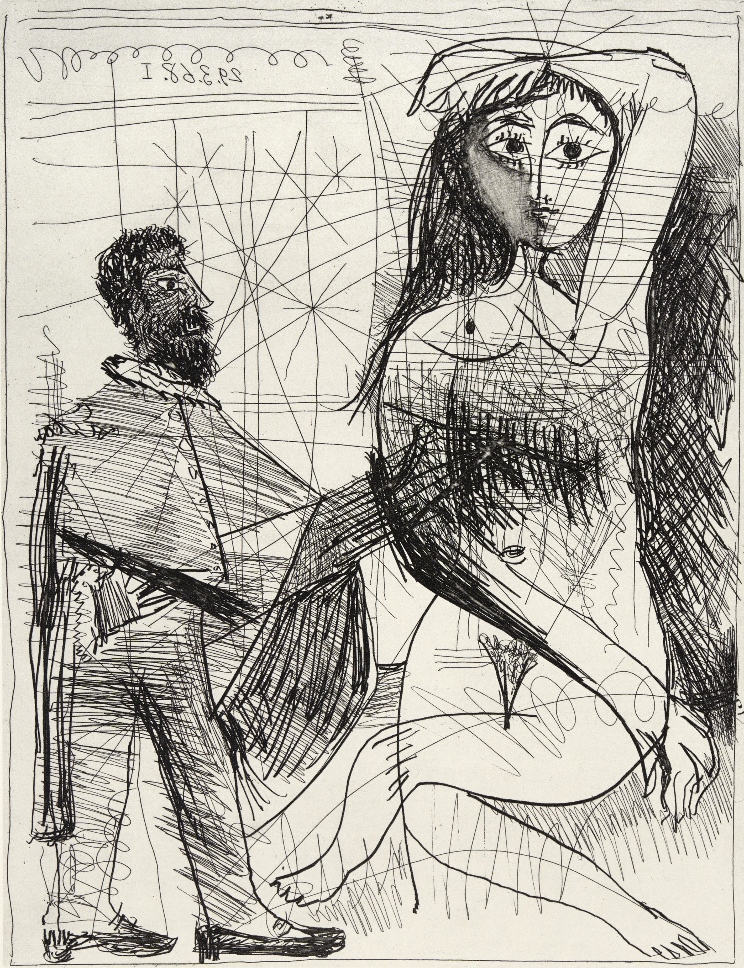 A black-and-white sketch of a bearded man and a nude woman in a dynamic pose.
