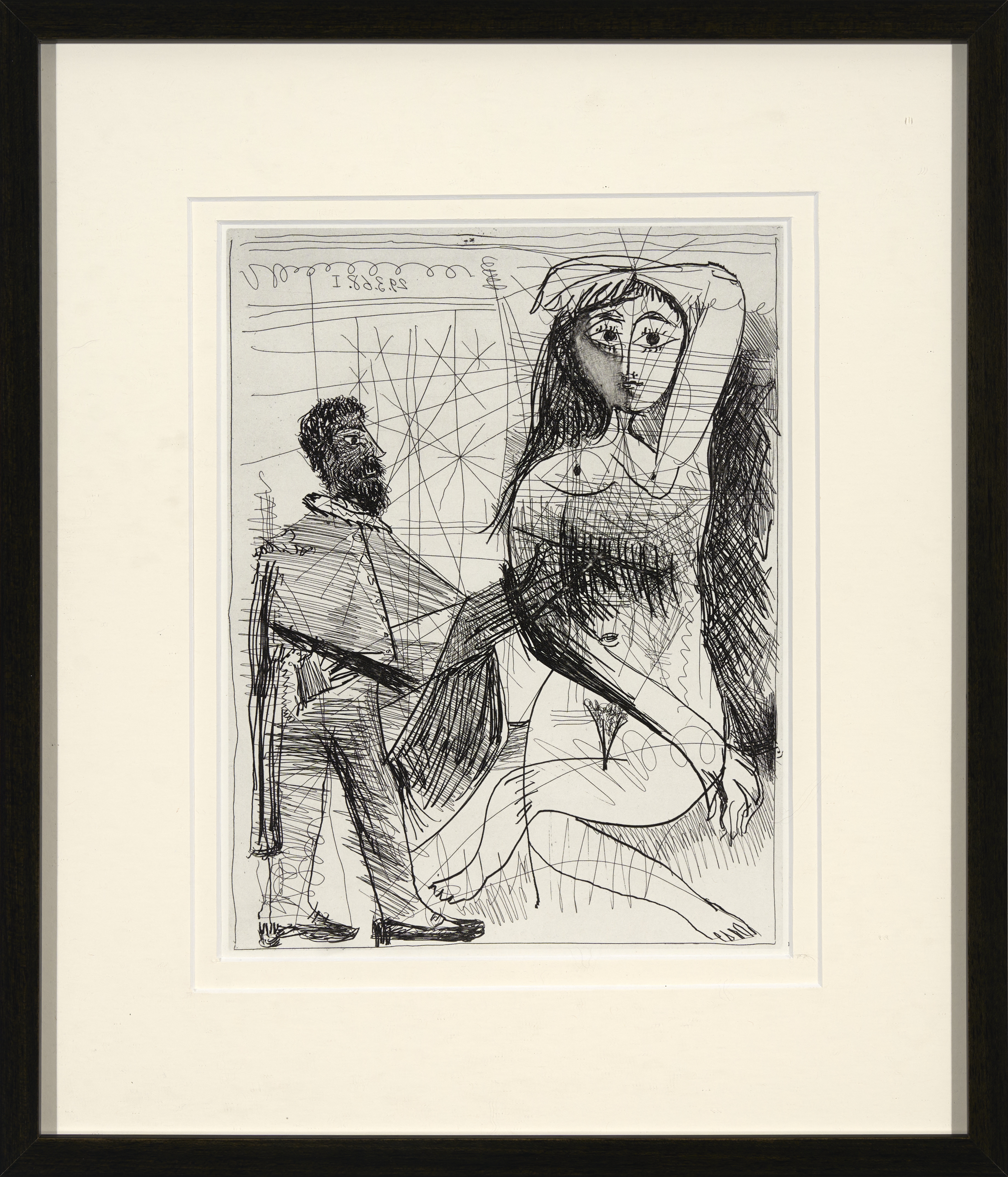 A black-and-white sketch of a bearded man and a nude woman in a dynamic pose.