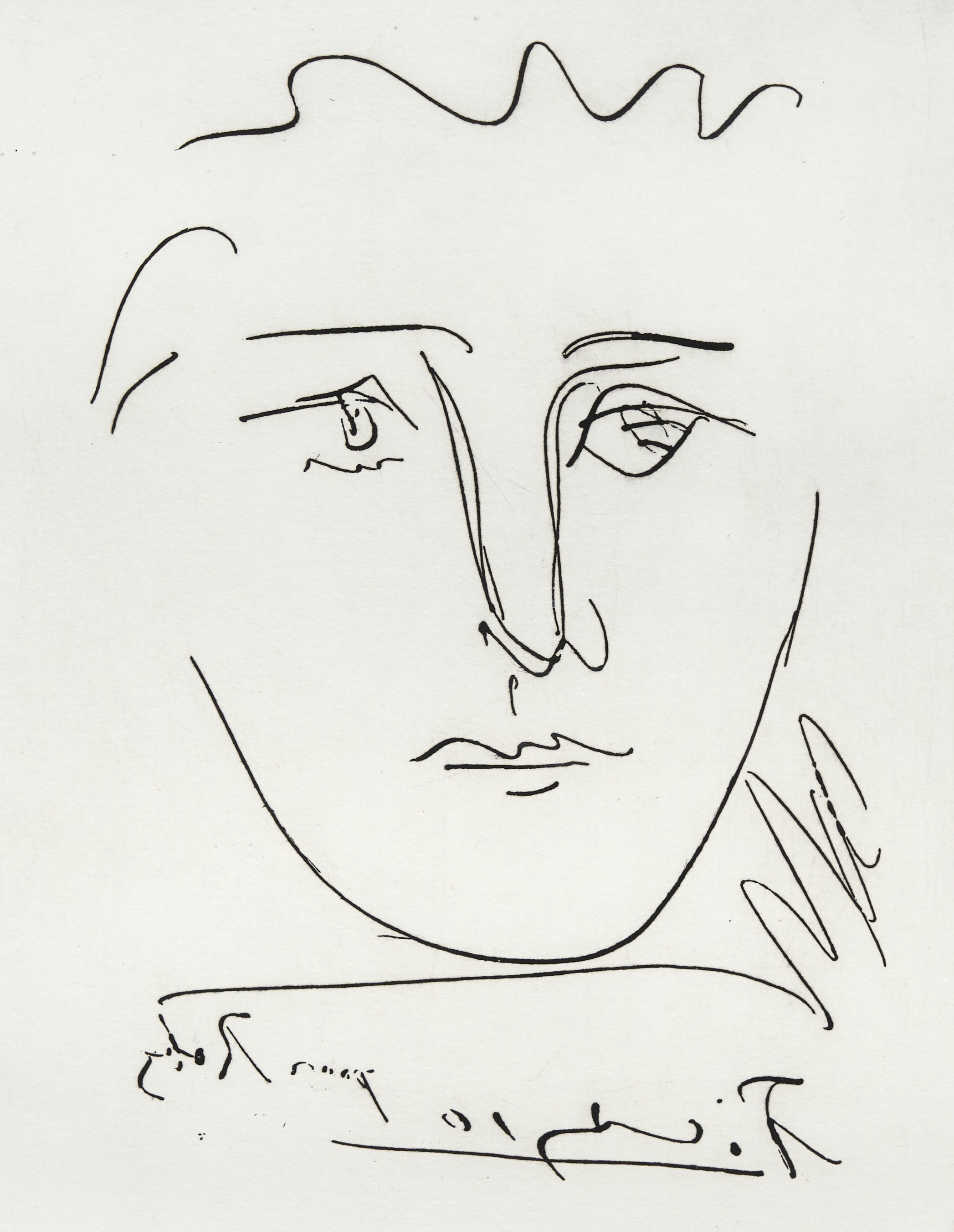 A minimalist line drawing of a face with an abstract, wavy hairline.