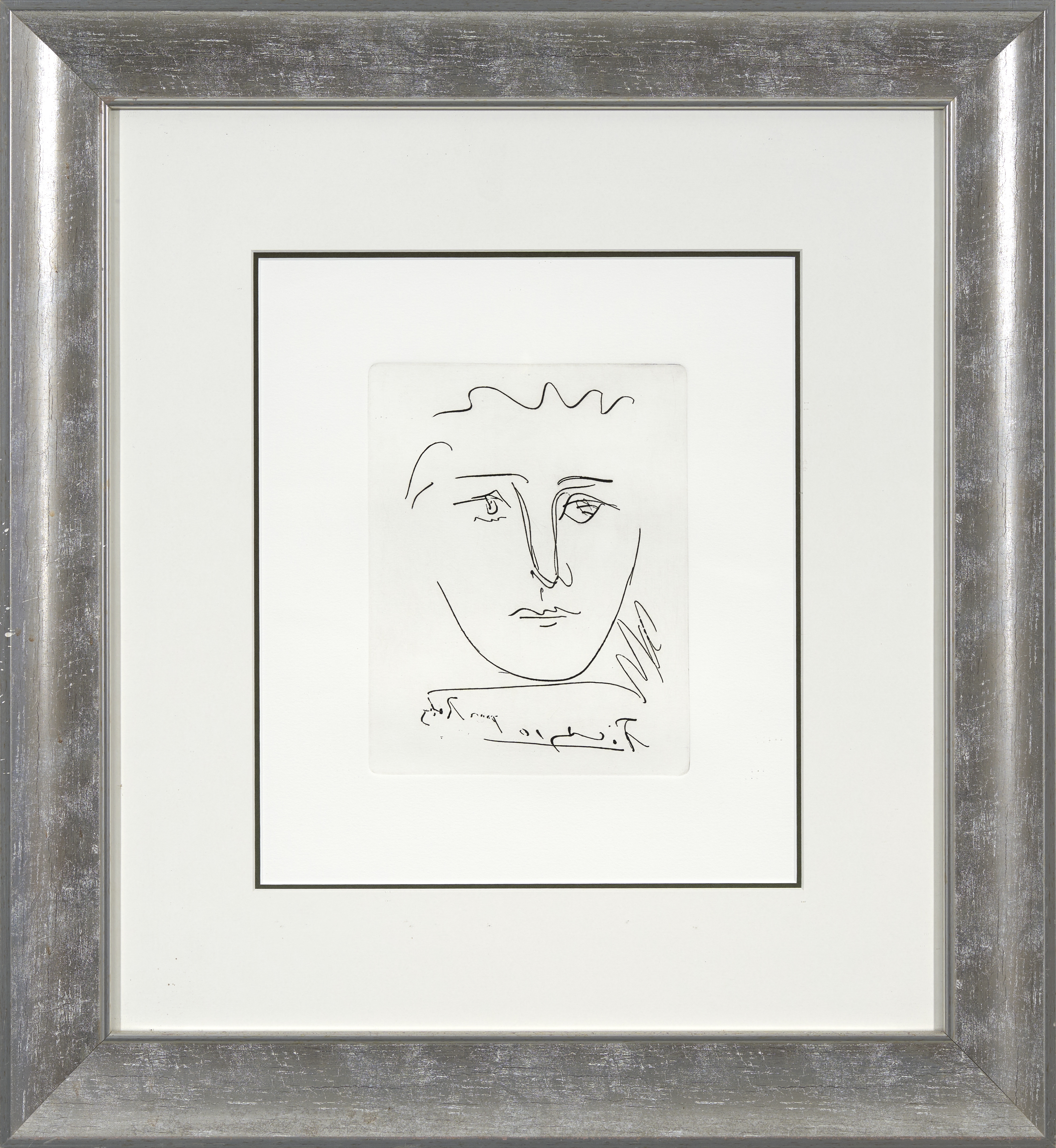 A minimalist line drawing of a face with an abstract, wavy hairline.