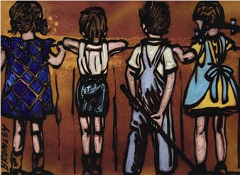 A stylized painting of four figures holding hands against a warm background.