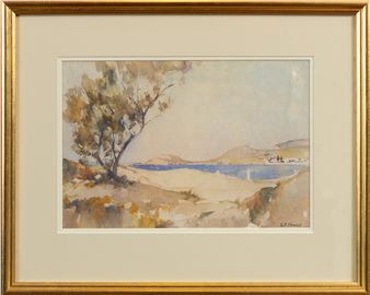 A serene watercolor landscape of a coastal scene with a prominent tree and distant hills.