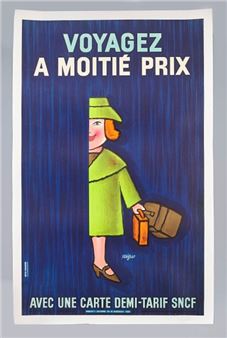A stylized travel poster featuring a green-clad figure holding luggage against a deep blue background.