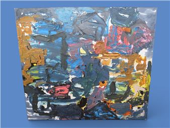 An abstract expressionist painting featuring a chaotic, layered composition of thick impasto strokes in blues, yellows, and reds.
