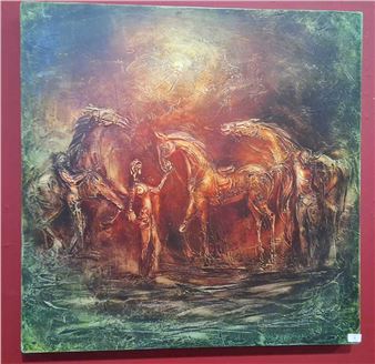 A dramatic painting of a figure surrounded by horses in a fiery, textured landscape.