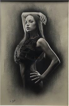 A monochromatic charcoal portrait of a woman with long hair, captured in dramatic lighting.