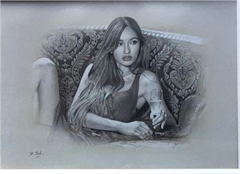 A realistic charcoal portrait of a seated figure holding a glass, rendered in monochrome tones.