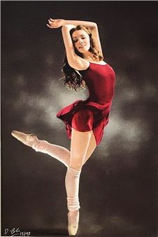 A graceful figure in a red leotard performs a ballet pose against a dark, smoky backdrop.