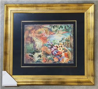 A framed floral still life with two figures in a pastoral setting.