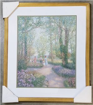 A framed oil painting of a sunlit garden path with figures strolling among trees and flowers.