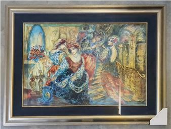 A framed painting depicting a group of figures in ornate dresses within an interior setting.