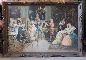 A classical oil painting of an aristocratic gathering in a grand salon, framed in ornate wood.