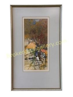 A framed watercolor painting of a park scene with figures under trees.