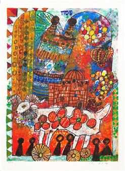 A vibrant, layered folk-art collage featuring a ram, a domed structure, and abstract figures against a colorful background.