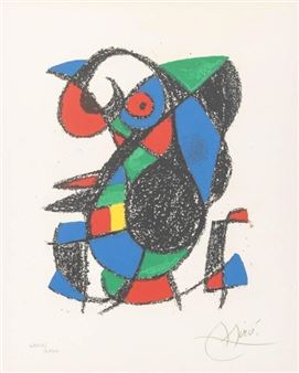 A colorful abstract composition featuring a stylized bird-like figure with bold geometric shapes and expressive black outlines.