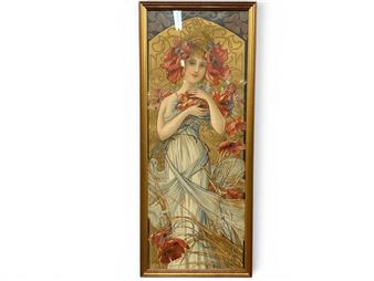 A framed painting of a woman in a flowing dress holding red flowers against an ornate background.