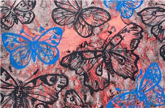 A mixed-media collage of butterflies in black and blue against a textured red background.