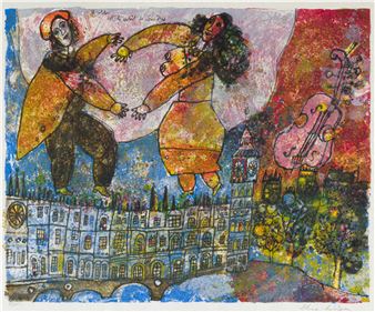 A vibrant, textured print featuring two stylized figures dancing above a cityscape with a pink cello.