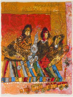 A vibrant, textured print of three stylized figures seated together with a toy train below.