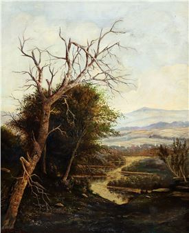A melancholic landscape featuring a dead tree and distant hills under a cloudy sky.