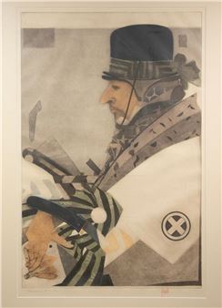 A stylized portrait of a figure in a top hat holding a cane, rendered in muted earth tones with bold geometric shapes.