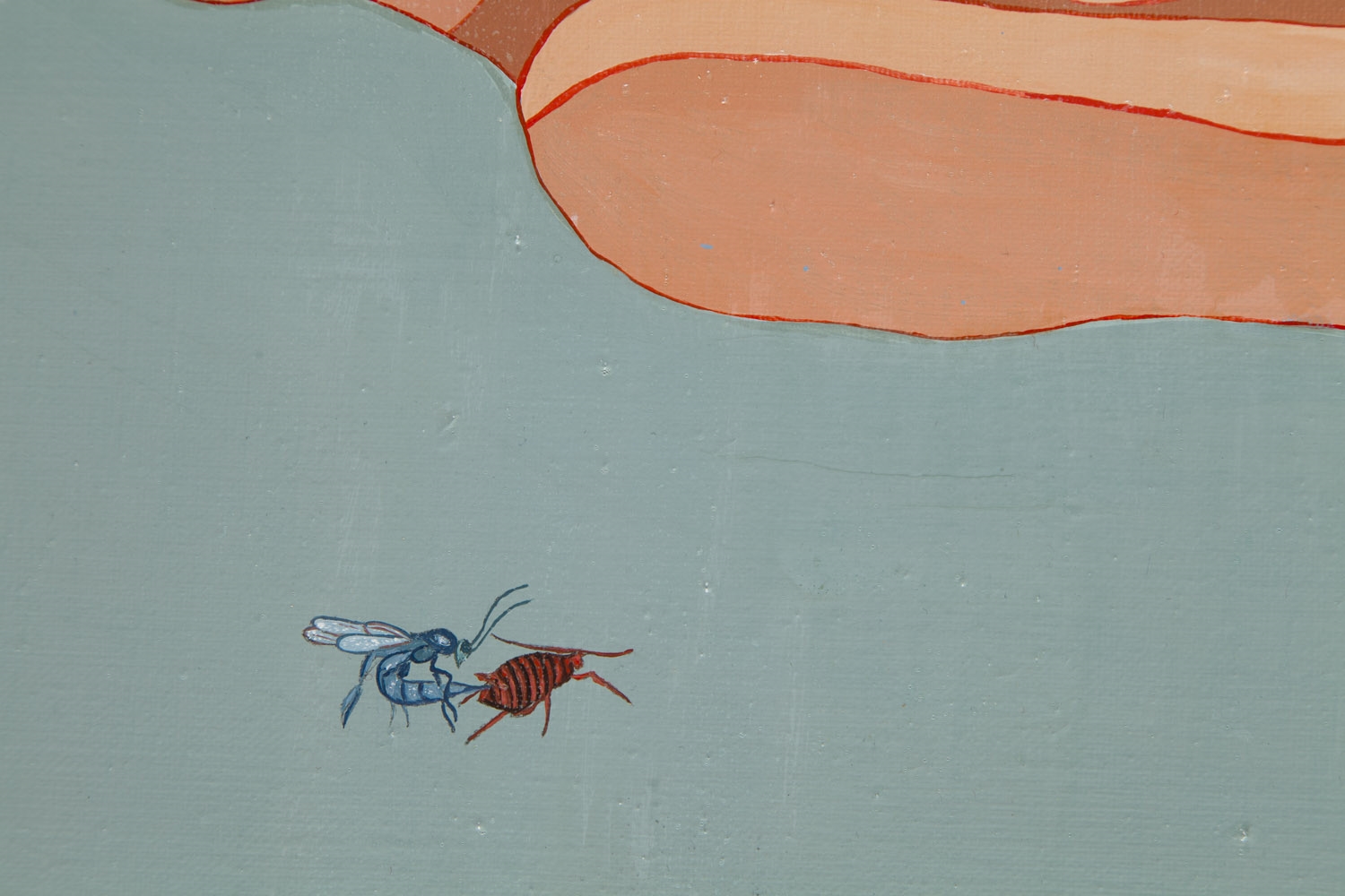 A surreal painting of a nude figure floating horizontally against a blue background, with a disembodied hand and an insect below.