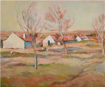 A soft, impressionistic landscape of a rural village with bare trees and white houses under a hazy sky.