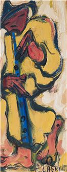 A vibrant abstract portrait of a figure in yellow holding a blue flute.