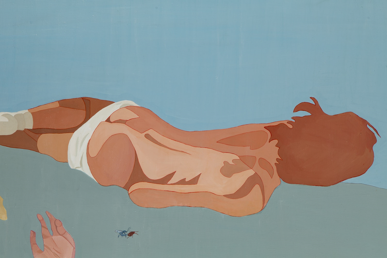 A surreal painting of a nude figure floating horizontally against a blue background, with a disembodied hand and an insect below.