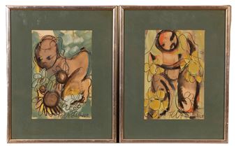 A pair of framed, expressive drawings featuring stylized figures and floral elements.