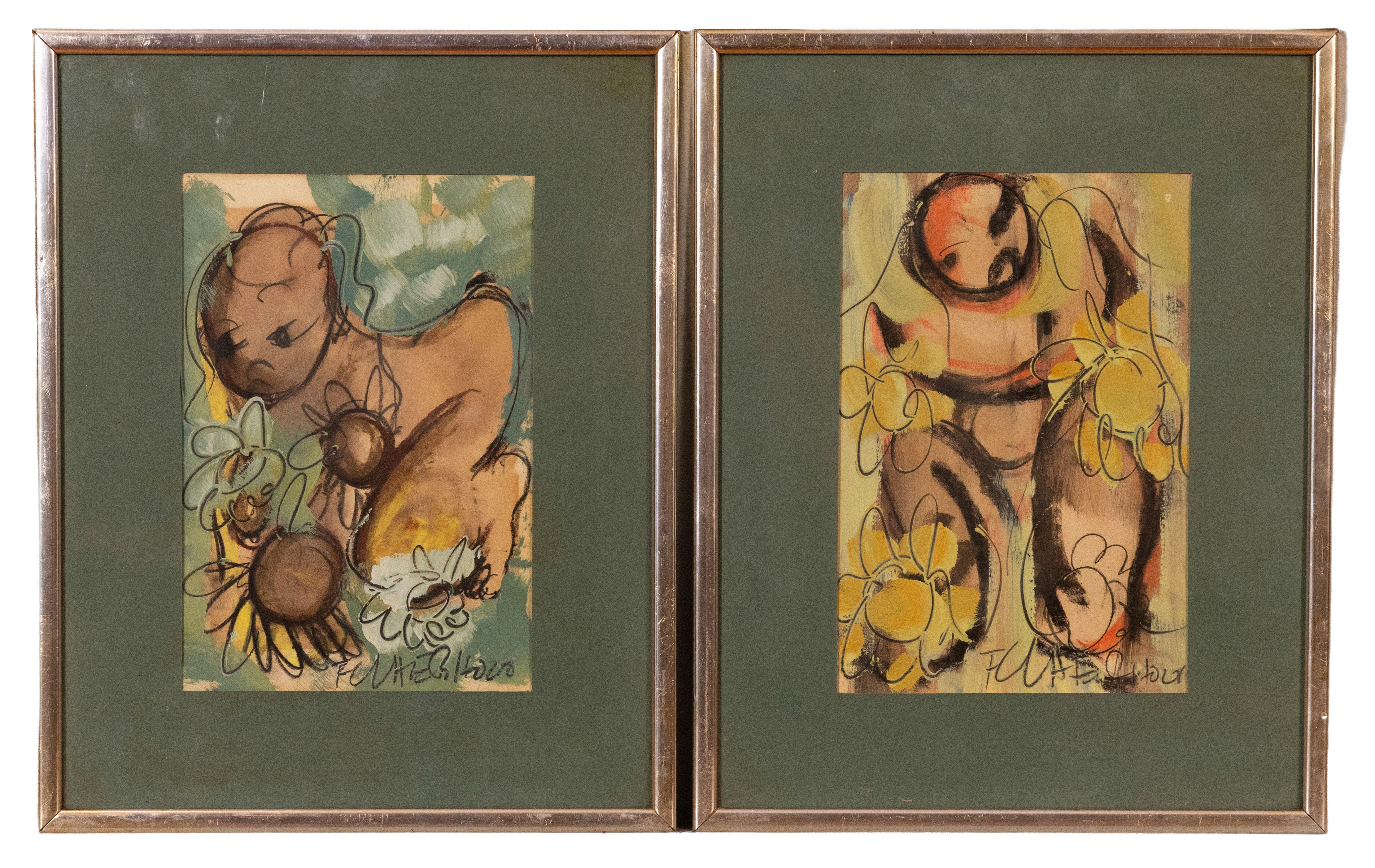 Artwork by Frans Claerhout, figures and sunflowers, near pair of mixed media on paper, Made of Mixed media on paper