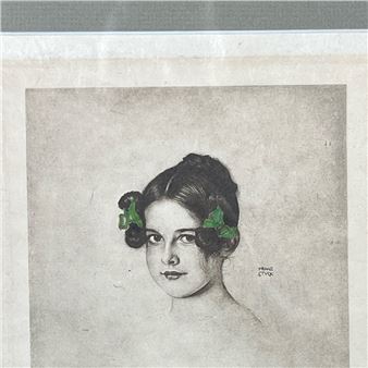 A monochromatic portrait of a figure with dark hair styled in curls and green floral accessories.