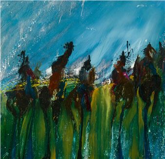 An abstract expressionist painting featuring dark, jagged figures against a vibrant blue and green background.