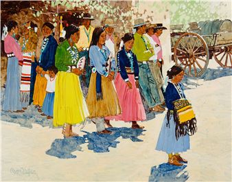 A vibrant watercolor scene of a diverse group of people in colorful traditional clothing walking together.