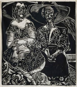 A high-contrast woodcut print featuring two figures in a stylized, expressive composition.