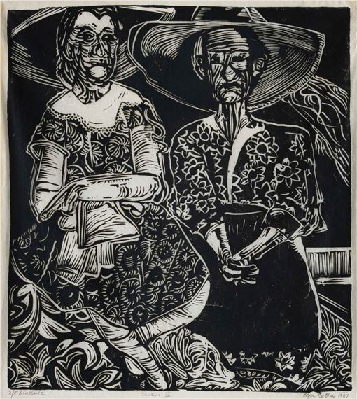 A high-contrast woodcut print featuring two figures in a stylized, expressive composition.