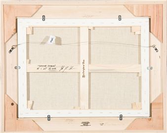 The back of a framed artwork with visible wooden stretcher bars and canvas.